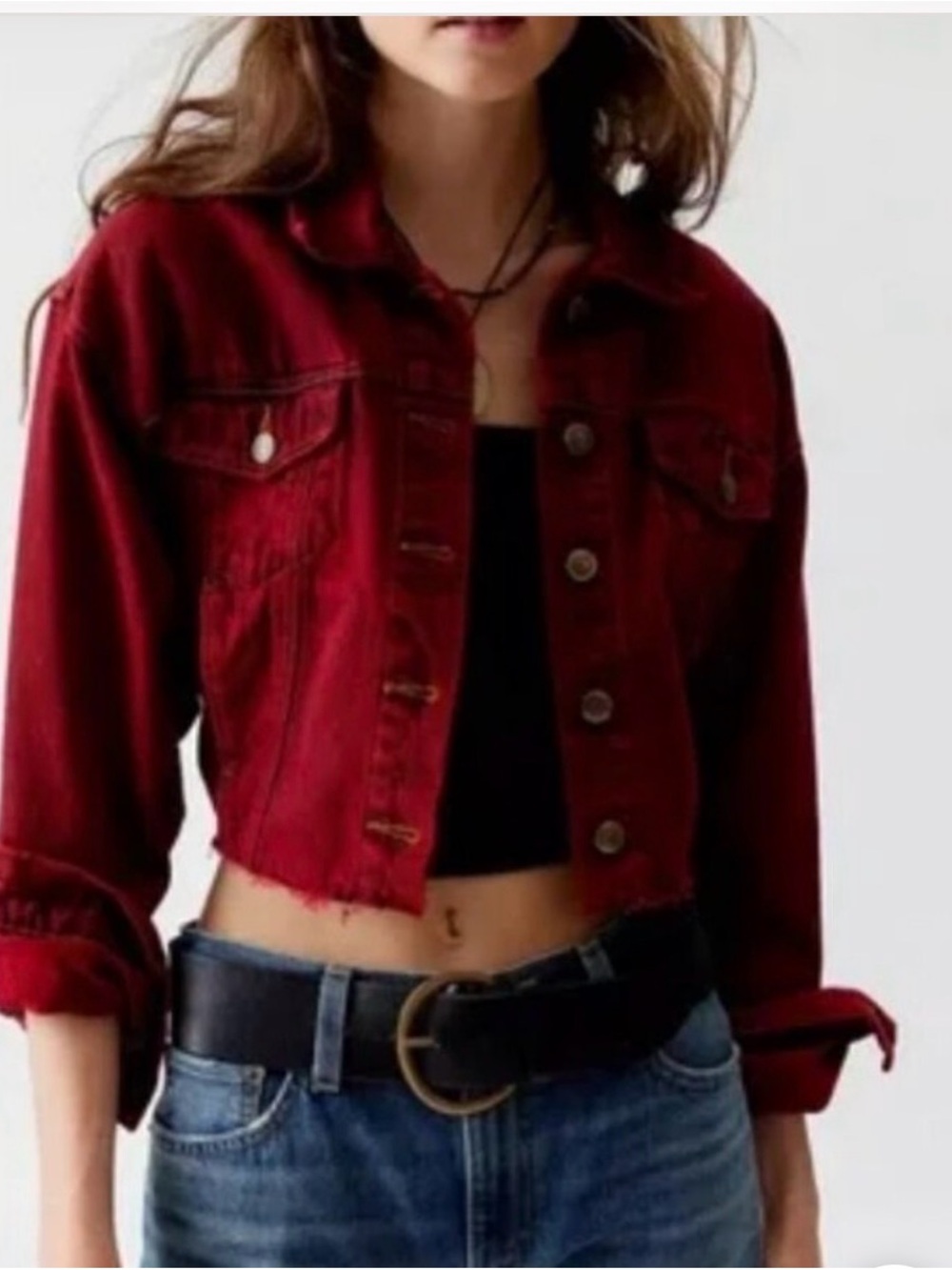 Leviβs Stratus Red Burgundy Cropped Denim Trucker Jacket
